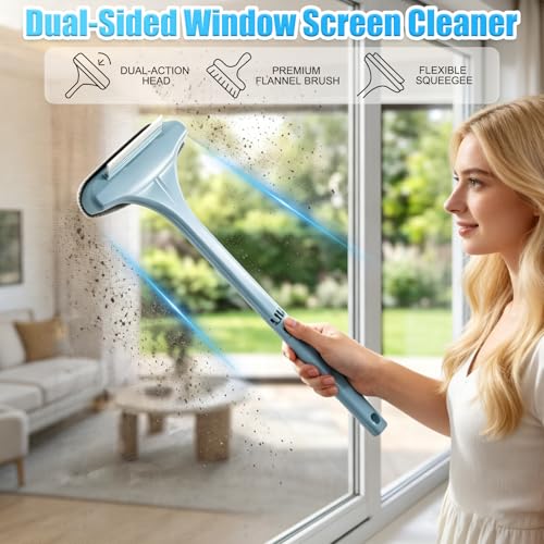 Window Screen Cleaning Brush,2-in-1 Multi-Purpose Cleaning Brush Efficient Cleaning,Window Screen Cleaner Tool with Squeegee,Mesh Cleaner Brush for Patio,Door,Porch Screens (Blue) - color: Blue