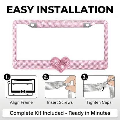 1 Pack Pink Bling License Plate Frame with Pink Rhinestone Heart - color: Pink Frame+Pink Heart