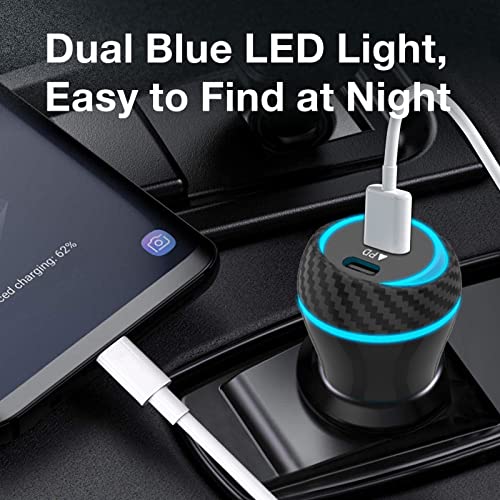 MOCA USB-C Car Charger, 51W USB-C & USB-A 2-Port PD/QC 3.0 Car Power Adapter W/ 2pcs 3.3ft A-P/C-P Cable Car Charger for iPhone 17/16/15 Series, Samsung Galaxy S25/S24/S23 Series, iPad Pro, AirPods - color: Carbon Fiber Texture
