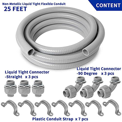(1 inch Dia * 25 Feet) Yariwiz Flexible Electrical Conduit Liquid Tight PVC Conduit Kit with 3 PCS Coupling, 3 PCS Elbow and 7 PCS Strap, Sealtight Seal Flex Liquidtight Wire Outdoor Non Metallic Grey - style: 1"-25ft Kit-Grey
