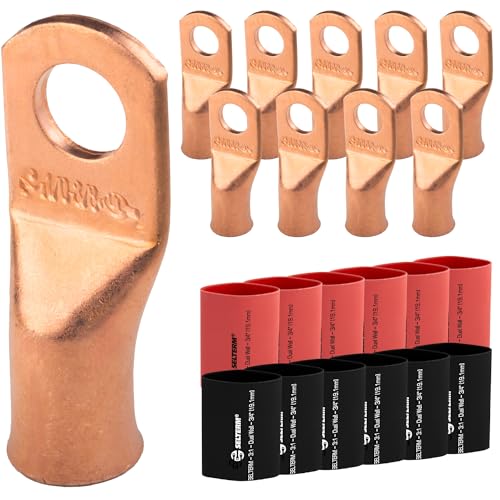 SELTERM 10pcs, 1/0 Awg, 3/8" Stud Bare Copper Lugs Ring Terminal Connectors - color: Bare Copper Lugs + Heat Shrinks, size: 1/0 Awg - 3/8" (M10) Ring