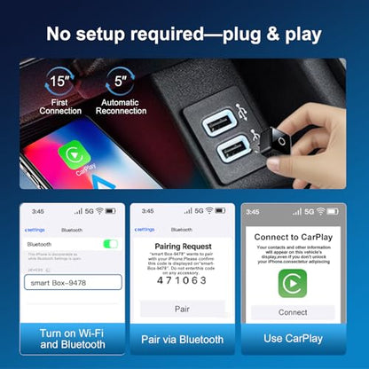 Wireless CarPlay/Android Auto Mini Adapter 2-in-1 Plug&Play Dongle for OEM Wired CarPlayAndroid Auto Cars After 2016 Fast Auto-Reconnect Keep Factory Controls Support iOS 10+ / Android 11+