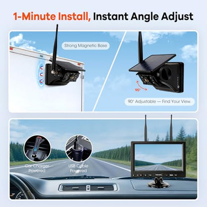 2 Solar Magnetic Wireless Trailer Camera System, 7" IPS DVR Screen + Solar Powered Night Vision Rear Camera, 100% No Wiring Waterproof Backup Camera System for RV Truck Trailer Hitch, BS2 - size: 7" 2-Cam