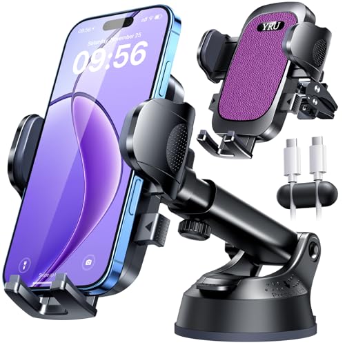 YRU [True Upgrade for Safety] Car Phone Holder Mount [Patent & Military-Grade] Dashboard Cell Phone Holder for Car Vent Windshield Phone Stand for iPhone 17 16 15 14 13 Pro Max Truck Samsung, Purple - color: Purple