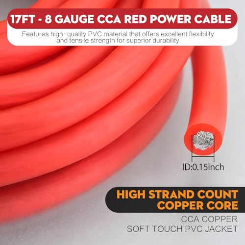8 Gauge Car Amplifier Wiring Kit, 800W Amp Kit Complete 8 Gauge Car Amplifier Installation Wiring Kit for Car Audio Subwoofer - 8GA GA CCA Red Power Wire, OFC RCA Interconnect Cable, Fuse Holder - size: 8 GAUGE