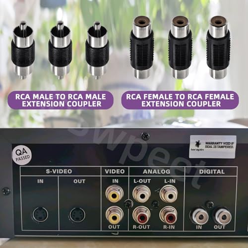 Swpeet 15Pcs Nickel Plated RCA Female to Female Coupler and 15Pcs RCA Male to Male Coupler Kit, RCA Audio Video Adapter, RCA Cable Extension Connector, RCA Adapter for Speaker, RCA Cable, Amplifier