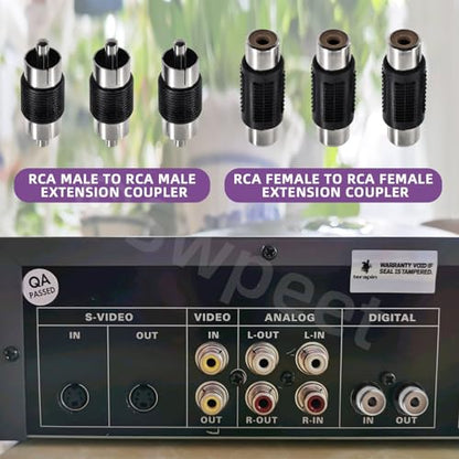 Swpeet 15Pcs Nickel Plated RCA Female to Female Coupler and 15Pcs RCA Male to Male Coupler Kit, RCA Audio Video Adapter, RCA Cable Extension Connector, RCA Adapter for Speaker, RCA Cable, Amplifier