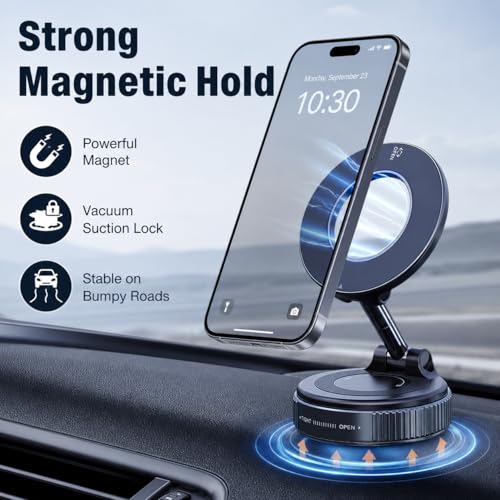 Magnetic Phone Holder for Car, MagSafe Compatible Car Mount with Super Strong Suction, 360° Adjustable Dashboard & Windshield Cell Phone Mount (Black)