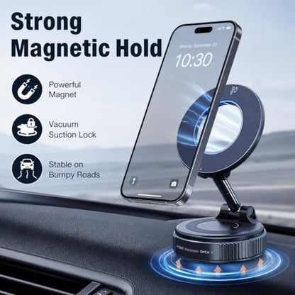 Magnetic Phone Holder for Car, MagSafe Compatible Car Mount with Super Strong Suction, 360° Adjustable Dashboard & Windshield Cell Phone Mount (Black)
