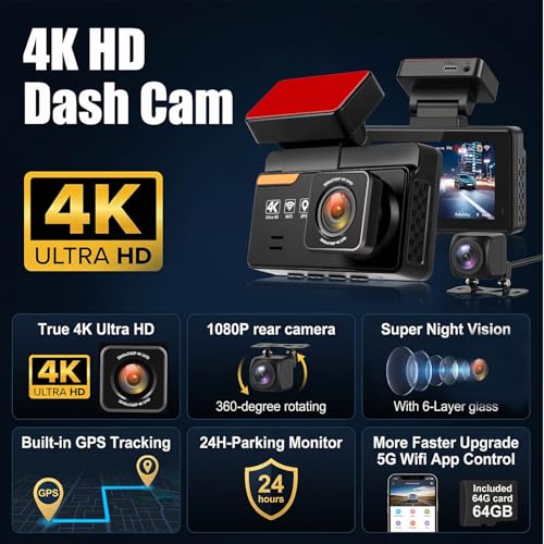 SIXTOP 4K Dash Cam Front and Rear, 4K+1080P Dual Dash Camera for Cars with 64G Card, GPS, BSD/ADAS/LCA Night Vision WDR WiFi &App Control G-Sensor 3” IPS Screen Loop Recording 24H Parking Mode