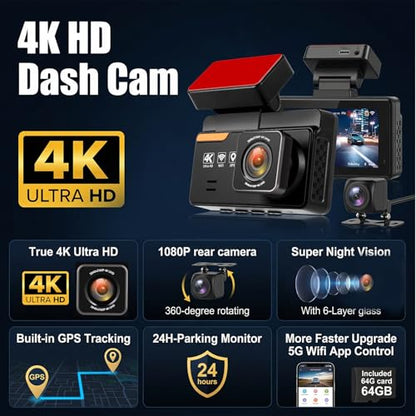 SIXTOP 4K Dash Cam Front and Rear, 4K+1080P Dual Dash Camera for Cars with 64G Card, GPS, BSD/ADAS/LCA Night Vision WDR WiFi &App Control G-Sensor 3” IPS Screen Loop Recording 24H Parking Mode