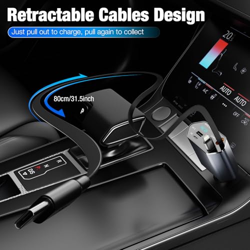 4 in 1 Retractable Car Charger, 60W Fast Charging, Voltage Display