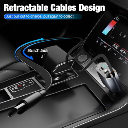 4 in 1 Retractable Car Charger, 60W Fast Charging, Voltage Display