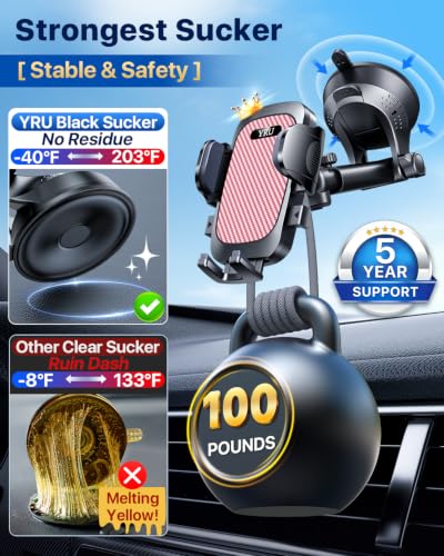 YRU [True Upgrade for Safety Car Phone Holder Mount [Patent & Military-Grade] Dashboard Cell Phone Holder for Car Vent Windshield Phone Stand for iPhone 17 16 15 14 13 Pro Max Truck Samsung, Pink - color: Pink