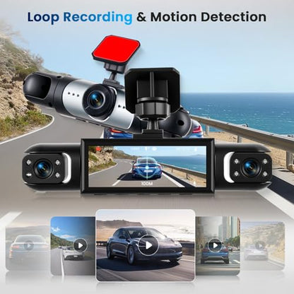 3.16-inch 1080P Dash Cam Front and Rear Inside Left/Right, 4 Channel Dash Camera for Cars, IR Lamp Night Vision Loop Recording Motion Detection Reversing Assistant+ 64GB SD Card