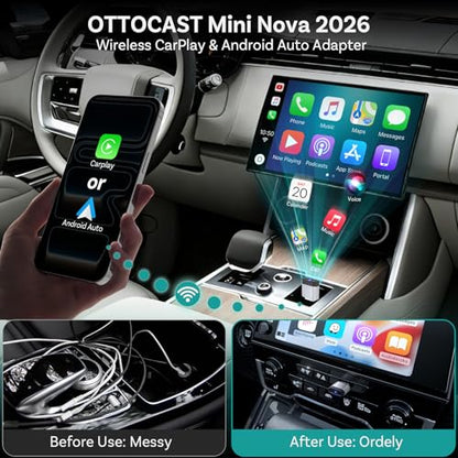 OTTOCAST Mini Nova 2-in-1 Wireless CarPlay & Android Auto Adapter, Plug & Play Convert Wired to Wireless, Fast Auto Connect, Mini USB Design, Compatible with iOS 10+ & Android 11+