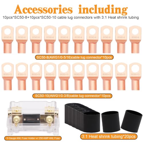 1/0 Battery Cable 0 Gauge Wire with 250A Fuse Holder & Terminals Kit,40ft - color: W/ ANL fuse holder