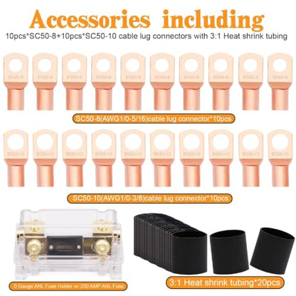 1/0 Battery Cable 0 Gauge Wire with 250A Fuse Holder & Terminals Kit,40ft - color: W/ ANL fuse holder