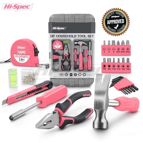 Hi-Spec Tool Set 25pc Pink Household DIY Tool Kit for Women. Small Mini Tool Box Set of Starter Basic Ladies Tools | 25pc, Household quick repair and maintenance, starter tool kit, mini tool set, ladies portable toolbox, DIY Gift - color: Pale Pink