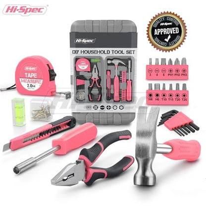 Hi-Spec Tool Set 25pc Pink Household DIY Tool Kit for Women. Small Mini Tool Box Set of Starter Basic Ladies Tools | 25pc, Household quick repair and maintenance, starter tool kit, mini tool set, ladies portable toolbox, DIY Gift - color: Pale Pink