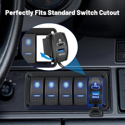 Anina USB Rocker Switch 18W QC3.0 USB 30W PD Outlet Waterproof 12V 24V Dual Ports Charger with Blue LED Light for Marine Vehicle RV Boat Truck UTV