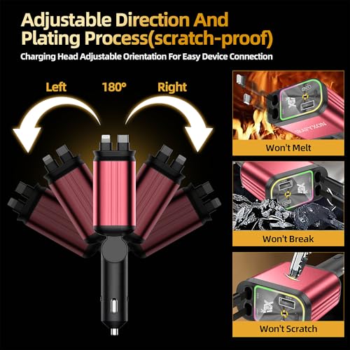 Retractable Car Charger with 31-Inch Cables 4 in 1 Fast Car Charger USB C Car Adapter with Starry Sky Light for iPhone 17 16 15 14 Car Accessories Gifts for Men Women Drivers (RED) - color: RED