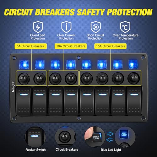 Nilight 8 Gang Rocker Switch Panel w/Circuit Breaker Pre-Wired - color: Blue, size: 8 Gang (No USB)