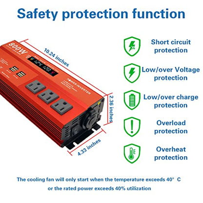 800W Peak 1600W Power inverters for Vehicles,Peak 1600 watt, Car 12V DC to 110V AC Converter 4x2.4A USB Ports Car Charger with 1 Cigarette Lighter Ports,LCD Digital Display - size: 800W