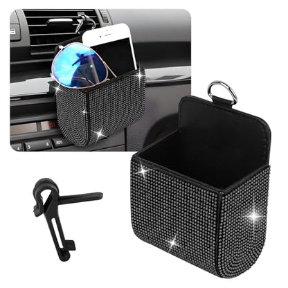 Car Vent Storage Organizer, Rhinestone Car Air Vent Leather Storage Pouch, Bling Automotive Hanging Bag Pocket Case, Universal Auto Mount Cell Phone Sunglasses Coin Holder (Black) - color: Black