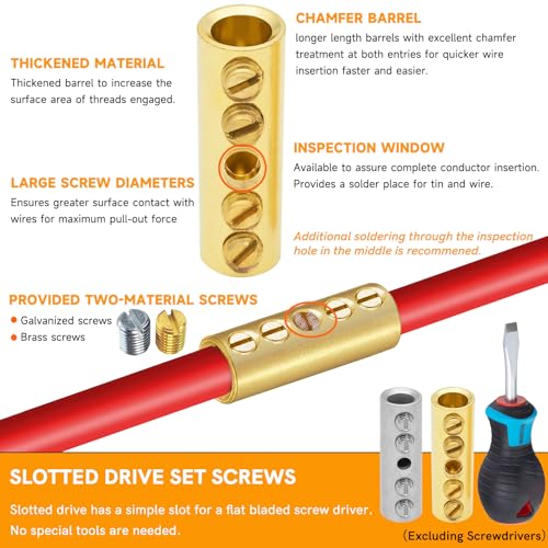 12-10 Gauge Wire Butt Connectors 10 PCS Brass Mechanical Butt Splice Connectors Kit 12-10 AWG Mechanical Splices Screw Sleeve Connector 10 PCS Mechanical Splices & 3:1 Heat Shrink Tubes - color: Bare Brass
