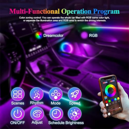 Dreamcolor Acrylic Interior Car LED Strip Light with APP Remote Control, RGB 4 in 1 with 116 inches Fiber Optic Strip Lights for Car, Dynamic Chasing Music Sync Neon Car Ambient Lighting Kits