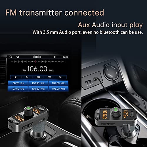 Bluetooth 5.0 Car Change Radio Receiver with 2 Stronger Microphones, 41W PD QC 3.0 USB Car Charger, Aux in/Out Wireless Audio Music Adapter, with Hands Free Calls and Voice Assistant