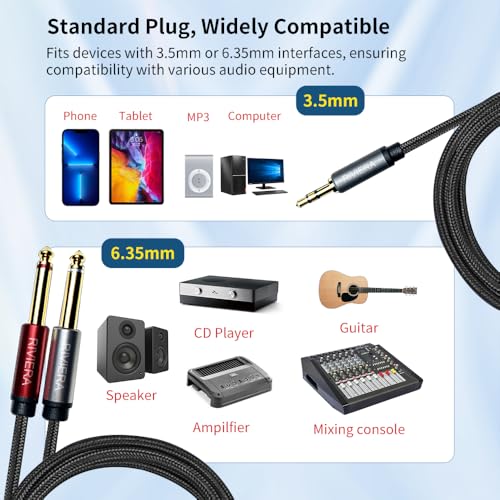 RIVIERA 10FT/3.0M Audio Cable 3.5mm 1/8" TRS to Dual 6.35mm 1/4" TS Braided Sheilded Copper Wire and 24K Gold Plated Low Noise with Braided Nylon Jacket for Digital Players & Musical Instruments - color: 1/8 TRS-Dual 1/4 TS Black, size: 10FT/3.0M