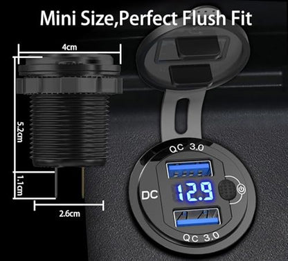 12V USB C Outlet Dual QC 18W Aluminum Voltmeter Switch Waterproof Marine