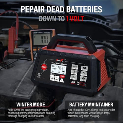 TowerTop 25A Max Pro Battery Charger: 12V Fully Automatic Smart Trickle Charger, Automotive Battery Maintainer with Engine Start, DC Supply, Winter Mode, Recondition,Desulfation, for Lead Acid/Lithium - color: 25A Max Pro