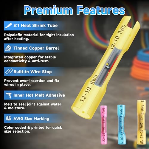 300Pcs Heat Shrink Butt Connectors & Wire Nuts Assortment Kit - Waterproof Electrical Crimp Wire Connectors, Insulated Butt Splice Terminals & Twist-On Wire Caps for Automotive Marine Wiring