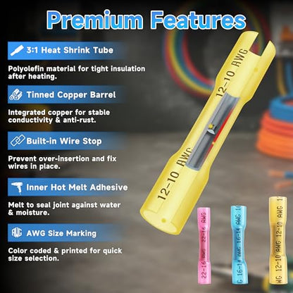 300Pcs Heat Shrink Butt Connectors & Wire Nuts Assortment Kit - Waterproof Electrical Crimp Wire Connectors, Insulated Butt Splice Terminals & Twist-On Wire Caps for Automotive Marine Wiring