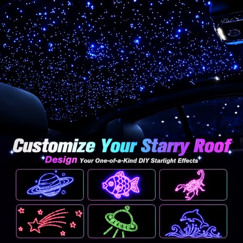 CHINLY 800Pcs Split Starlight Headliner Kit, 4 Light Heads 0.02in 4.92ft RGBW Star Lights for Car, 16W Starlight Kit APP/Remote Control, Flexible Wiring for Car Roof Ceiling - size: Standard+800pcs*0.02in*4.92ft