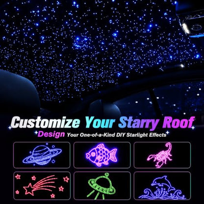 CHINLY 800Pcs Split Starlight Headliner Kit, 4 Light Heads 0.02in 4.92ft RGBW Star Lights for Car, 16W Starlight Kit APP/Remote Control, Flexible Wiring for Car Roof Ceiling - size: Standard+800pcs*0.02in*4.92ft