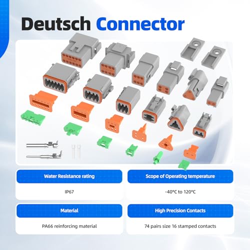 305PCS Deutsch Connector Kit, Hoodutric IP67 Waterproof Electrical Plugs DT 2/3/4/6/8/12 Pin Connectors with 74 Pairs Size 16 Stamped Contacts, Crimper & Terminal Removal Tool for Car Truck Boat
