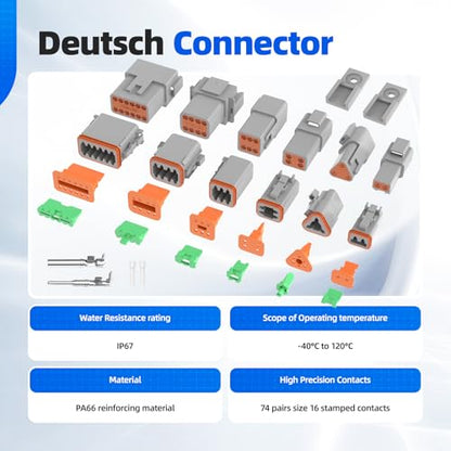 305PCS Deutsch Connector Kit, Hoodutric IP67 Waterproof Electrical Plugs DT 2/3/4/6/8/12 Pin Connectors with 74 Pairs Size 16 Stamped Contacts, Crimper & Terminal Removal Tool for Car Truck Boat