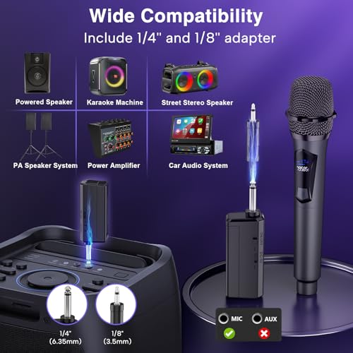 Wireless Microphone,Professional Dual Handheld Cordless Dynamic Mic System with Rechargeable Receiver,Plug & Play,Compatible with karaoke machines and PA systems for Speech,Church,Wedding,DJ,Party