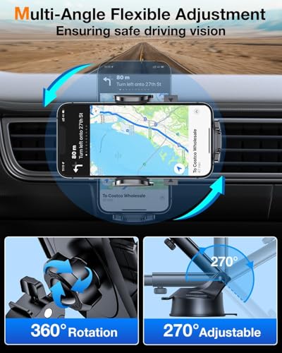 HTU Car Phone Holder【2026 Upgraded 100+LBS Suction & Safety Cert】 Cell Phone Car Mount for Truck Heavy Duty Phone Holder for Dashboard/Windshield/Vent for iPhone 17 16 Pro Max, Dark Black - color: Dark Black