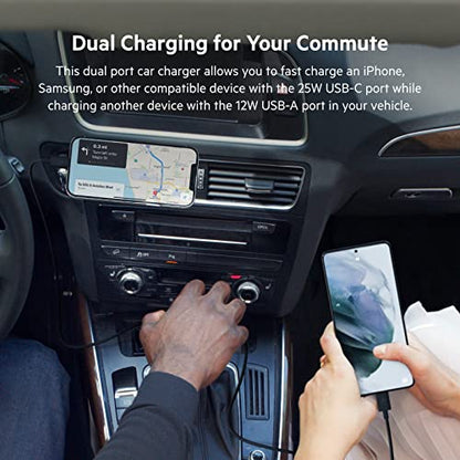 Belkin 37W Dual Port Fast Car Charger with 3.3ft USB-C Cable Included, USB-C 25W PPS Port and USB-A 12W Port for Galaxy S23, S23+, Ultra, Note20, iPhone 14, 13, 12, 11, Pro, Max, Mini and More - size: Pack of 1, style: Dual USB-A & C 37W + USB-C Cable