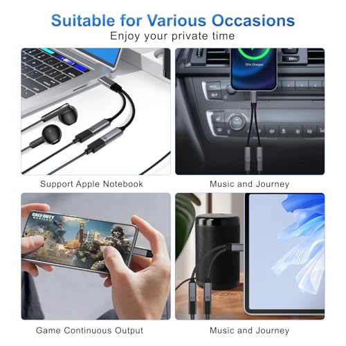 USB C Splitter，2 in 1 USB C Headphone and Charger Adapter Audio Dongle Cable with PD 100W for iPhone 16 15 Pro Max, Pixel 9 8 7, Galaxy S24 S23 S22, iPad Pro