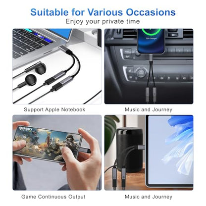USB C Splitter，2 in 1 USB C Headphone and Charger Adapter Audio Dongle Cable with PD 100W for iPhone 16 15 Pro Max, Pixel 9 8 7, Galaxy S24 S23 S22, iPad Pro