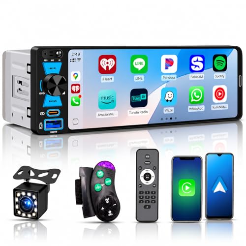 Single Din Car Stereo, 6.5 Inch in-Cell Touch Screen, Wireless Apple CarPlay Android Auto, Bluetooth 5.2, 180W Amplifier, Car Radio, Dual USB + Type-C, Backup Camera, Universal Fit for One Din Cars