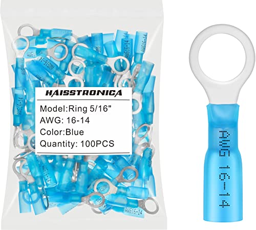 haisstronica 100PCS Heat Shrink Ring Terminals, 16-14 AWG, 5/16 in, Blue - color: Blue, size: Ring 5/16"
