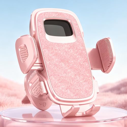 Car Vent Phone Holders with Metal Hook Clip [Bling Pink for Women & Thick Case Friendly]，Vent Phone Mount for Your Car Accessories with iPhone 17-12 Pro Max Plus Air Samsung - color: Pink