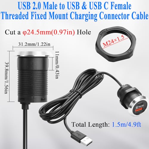 QIANRENON 2 in 1 USB & USB C Threaded Fixed Mount Charging Connector Cable USB2.0 Male to Type A + Type C Female Desktop Embedded Mount Adapter Cable 5V 2A, for Furniture/Office Desk, 1.5m/4.9ft